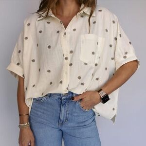 Easel Embroidered Flower Button Up Oversized Top